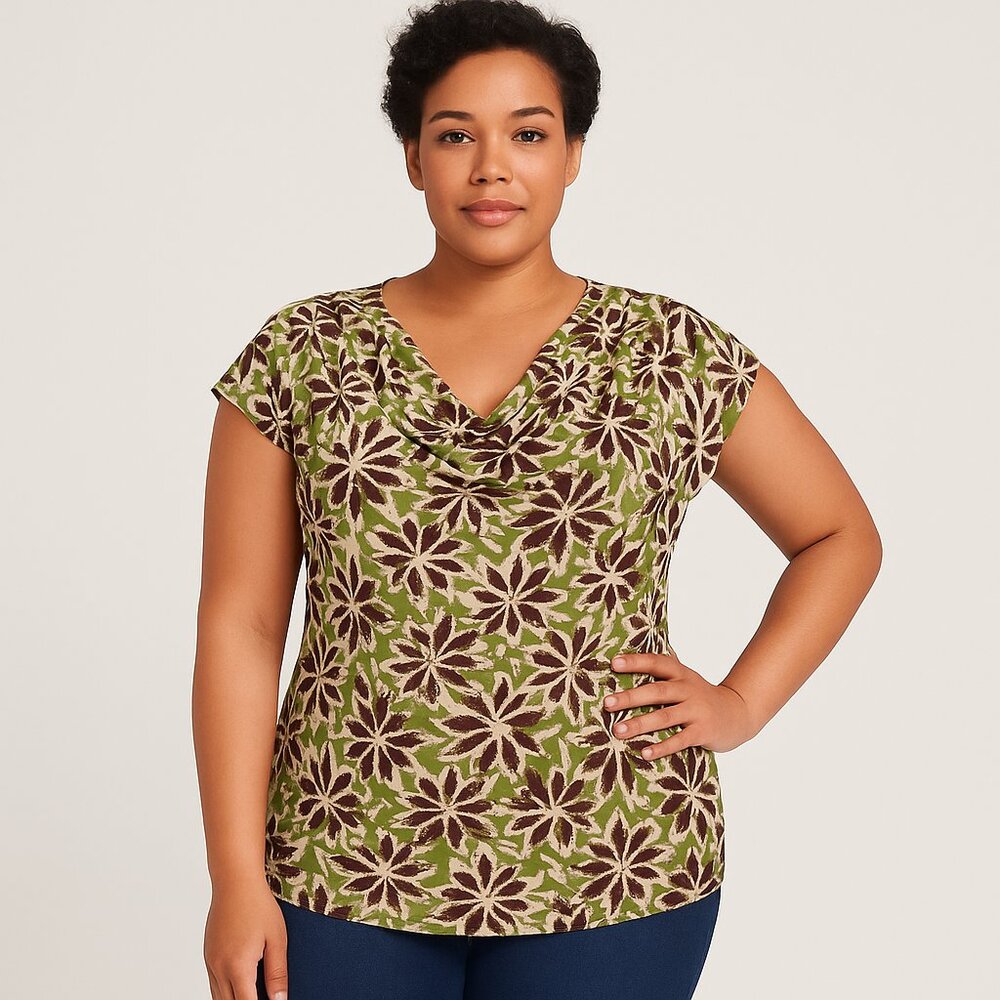 Chaus Womens Cowl Neck Blouse Size 1X, Green Brown Geometric Print – Stretch